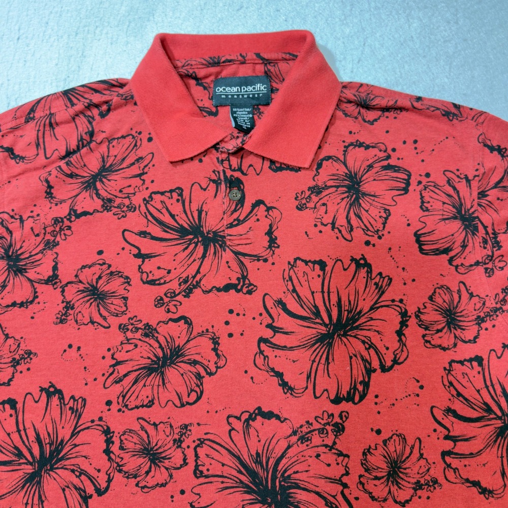 Ocean Pacific Polo Shirt Mens XL Red Hibiscus Floral Good Cotton Tencel Blend